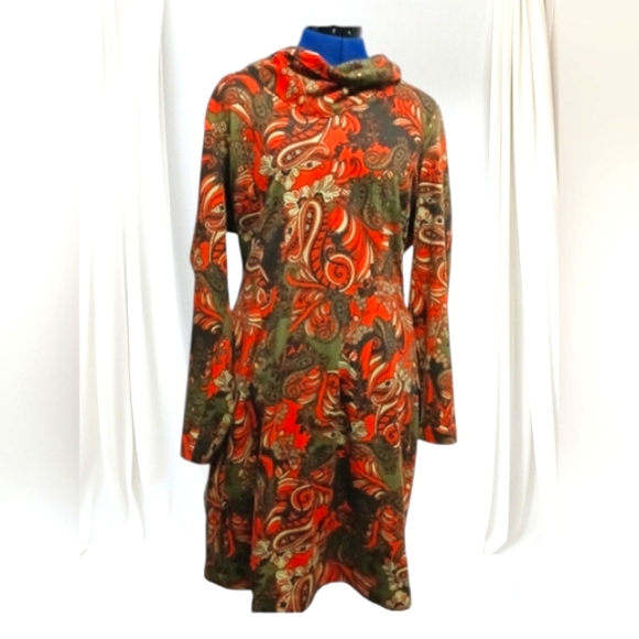 Paisley Dress All Over Print Long Sleeve Large Psychedelic Vintage Orange - Picture 1 of 10